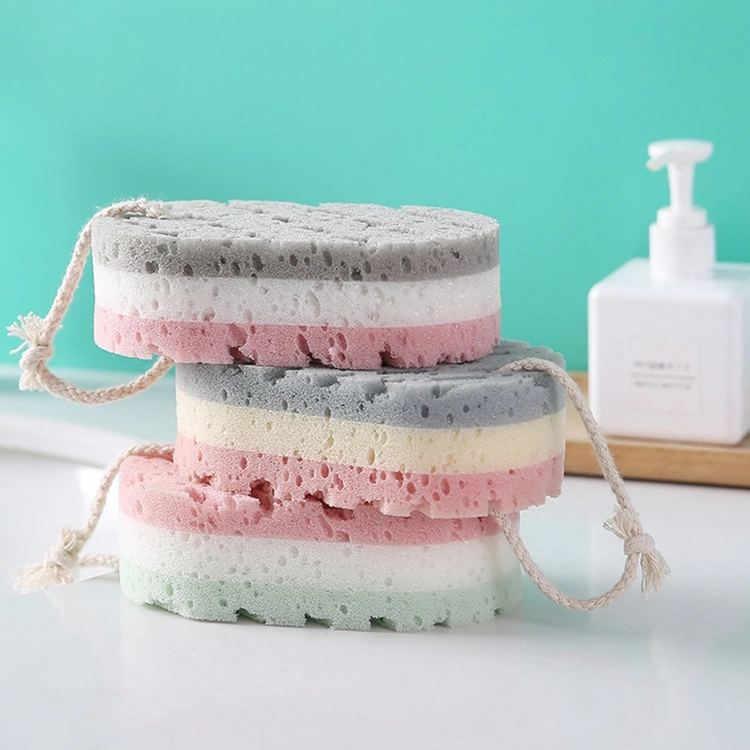 Bath Sponge Shower Adult Bath Wash Face Artifact Three-Color Oval Foaming Sponge with Rope