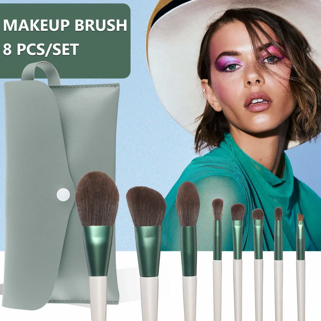 8PCS Makeup Brush Set Premium Synthetic Kabuki Brush Cosmetics Foundation Concealers Powder Blush Blending Face Eye Shadows White Green Brush Sets with PU Bag